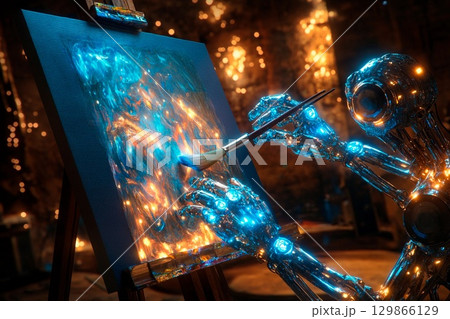 Fusion of AI and human creativity with a glowing mechanical hand painting on a canvas in an artistic studio at night 129866129