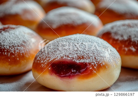 Close-up of sufganiot filled with jam and dusted with powdered sugar at a festive gathering 129866197
