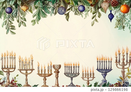 Beautifully arranged Hanukkah menorah with lit candles glowing softly in a peaceful setting 129866198