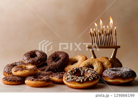 Beautifully arranged display of delicious donuts with a menorah during a festive celebration 129866199