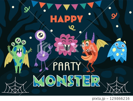 Monster party. Cartoon background. Creepy creature with animal face. Happy birthday event. Children celebrate birthday with cute funny fabulous characters. Banner design. Vector kids tidy illustration 129866216