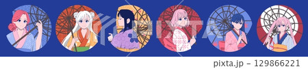 Anime girl avatar. Cute manga character face illustration. Japanese woman portrait in kimono. Traditional yukata or umbrella. Asian comic. Kawaii icon. User profile design. Vector circle portraits set 129866221