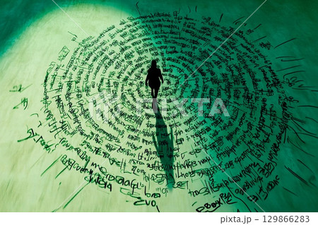 Person navigates a complex maze crafted from their own thoughts in a surreal environment 129866283