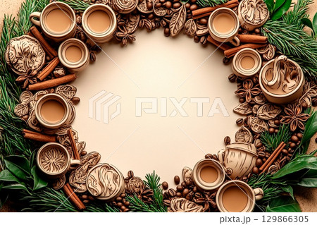 Wreath decorated with miniature coffee cups and aromatic spices in a cozy cafe setting 129866305