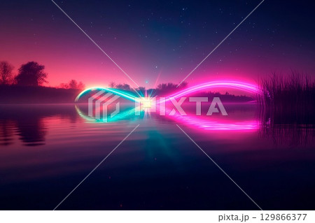 Vivid neon shooting star arches over a calm lake at twilight illuminating the night sky Vivid neon shooting star arches over a calm lake at twilight illuminating the night sky 129866377