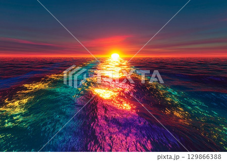 Sunset over a glowing sea creates a vibrant reflection of colors at the horizon 129866388