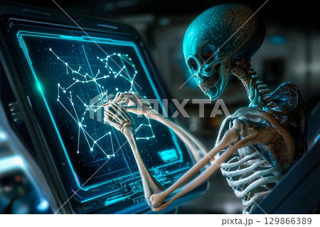 Alien skeleton creating luminous star charts in a futuristic spacecraft at night 129866389