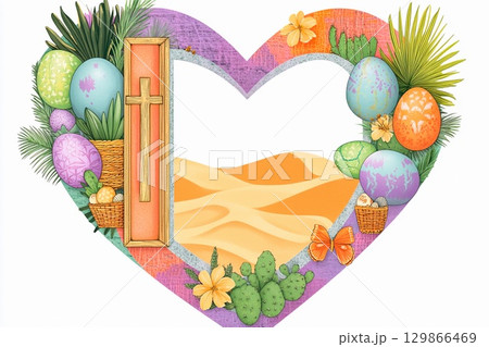 Colorful heart-shaped frame with a desert oasis and decorative elements in a sunny landscape 129866469