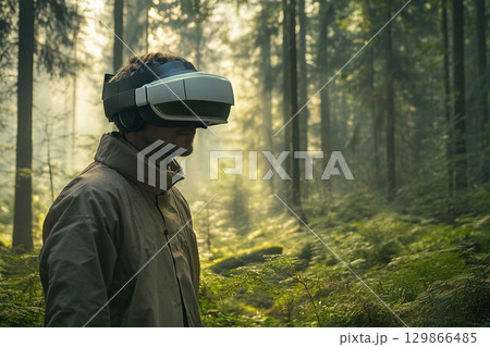 Man using virtual reality headset in a dense forest during a calm afternoon 129866485