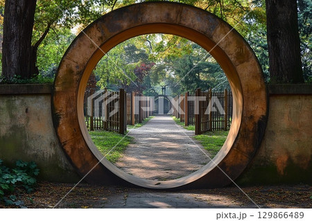 Round gate leading to a series of similar gates in a serene outdoor environment 129866489