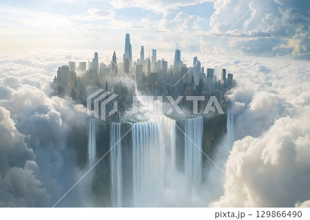City of clouds with majestic waterfalls cascading into the abyss under a serene sky at twilight 129866490