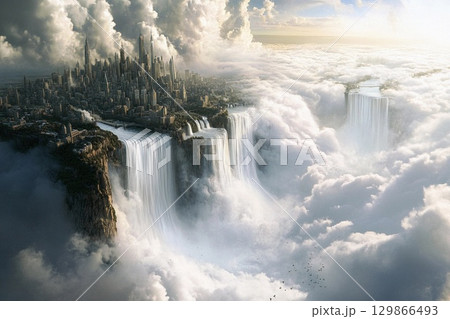City of clouds with majestic waterfalls cascading into the abyss under a serene sky at twilight 129866493