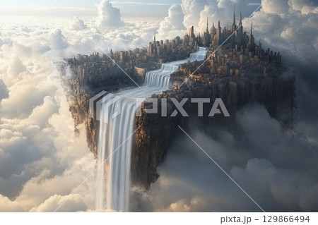 City of clouds with majestic waterfalls cascading into the abyss under a serene sky at twilight 129866494