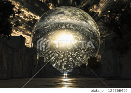 Futuristic city enclosed in a glowing sphere with reflections of skyscrapers and sunset over urban landscape 129866495