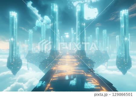Floating city with geometric design illuminated at dusk above a tranquil landscape 129866501