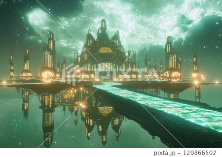 Floating city with geometric design illuminated at dusk above a tranquil landscape 129866502