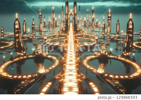 Floating city with geometric design illuminated at dusk above a tranquil landscape 129866503