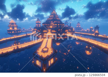 Floating city with geometric design illuminated at dusk above a tranquil landscape 129866504