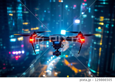 Drone equipped with lighting effects soaring above a vibrant night cityscape with stunning skyline views and glowing buildings 129866505
