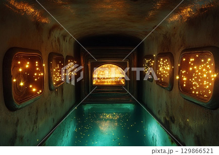 Underwater oven surrounded by magical fireflies illuminating the ancient walls in a mystical setting 129866521