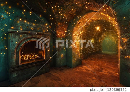 Underwater oven surrounded by magical fireflies illuminating the ancient walls in a mystical setting 129866522