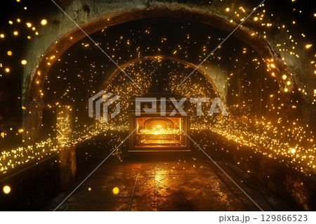 Underwater oven surrounded by magical fireflies illuminating the ancient walls in a mystical setting 129866523