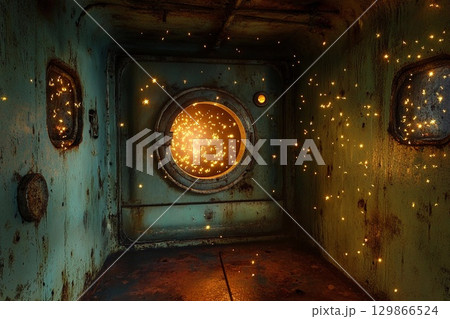 Underwater oven surrounded by magical fireflies illuminating the ancient walls in a mystical setting 129866524