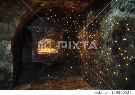 Underwater oven surrounded by magical fireflies illuminating the ancient walls in a mystical setting 129866525