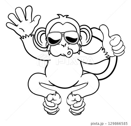 Monkey Sunglasses Waving Thumbs Up Cartoon Animal 129866585