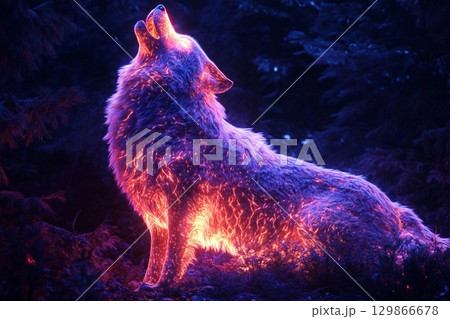 Massive glowing wolf howling into the night under a starry sky, surrounded by trees and foliage 129866678