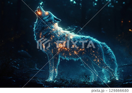Massive glowing wolf howling into the night under a starry sky, surrounded by trees and foliage 129866680