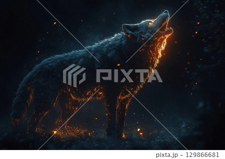 Massive glowing wolf howling into the night under a starry sky, surrounded by trees and foliage 129866681