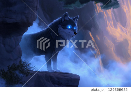 Wolf with radiant eyes reflects the power of the moon in a mystical forest setting under twilight sky 129866683