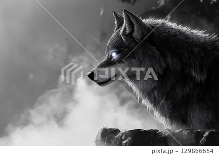 Wolf with radiant eyes reflects the power of the moon in a mystical forest setting under twilight sky 129866684