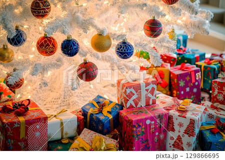 Festive gifts for Hanukkah and Christmas adorning a white tree with bright decorations 129866695