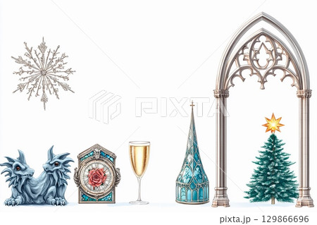 Gold-foiled contour postcard with festive decorations for a holiday greeting 129866696
