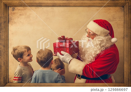 Santa Claus shares joy with children while giving gifts during a magical holiday celebration in a festive setting 129866697