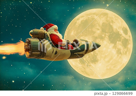 Futuristic Santa navigating a jet booster sleigh under a glowing moon in a vibrant night sky 129866699