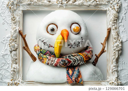 Cartoon snowman with exaggerated features joyfully hopping in a snowy winter landscape 129866701