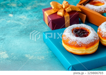 Delicious Hanukkah sufganiyot with powdered sugar and festive gifts arranged for celebration 129866703