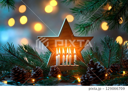 Elegant Hanukkah display with candlestick and glittering decorations in warm evening light 129866709