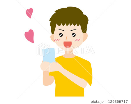 スマホに嬉しい連絡が届いた男の子のイラスト スマホに嬉しい連絡が届いた男の子のイラスト 129866717
