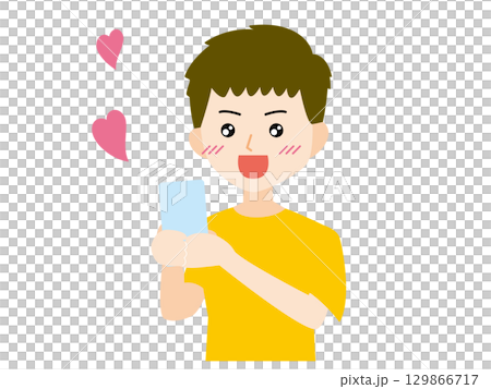 スマホに嬉しい連絡が届いた男の子のイラスト スマホに嬉しい連絡が届いた男の子のイラスト 129866717