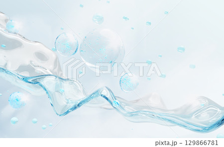 3d blue liquid transparent wave with air bubbles. Serum gel texture flow with oil drops. Collagen water moisture cream with hyaluronic acid, vitamin niacinamide. Cosmetic skin care bg. 3D illustration 129866781