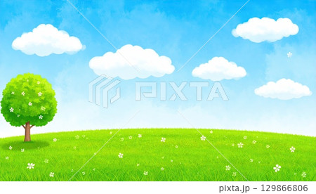 《AI画像》新緑の森と青空のある風景 129866806