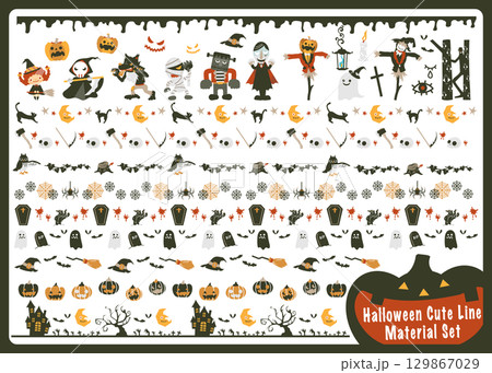 可愛いハロウィンのラインと素材セット 129867029