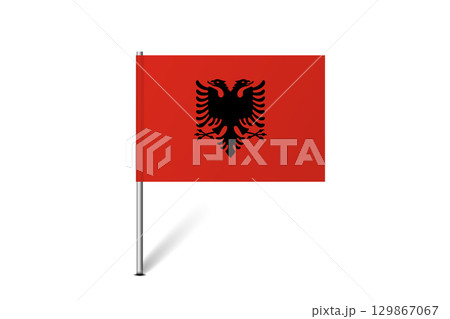 Albania flag - map pin flag representing a country cultural identity and heritage. The essence of national pride and unity. Map pin flag stuck in a white background Albania flag - map pin flag representing a country cultural identity and heritage. The essence of national pride and unity. Map pin flag stuck in a white background 129867067