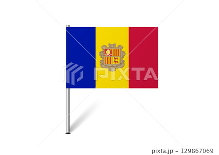 Andorra flag - map pin flag representing a country cultural identity and heritage. The essence of national pride and unity. Map pin flag stuck in a white background 129867069