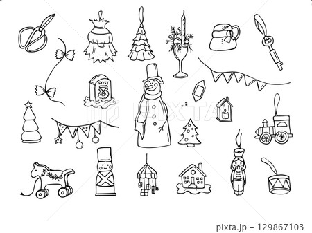 Set of black christmas elements. Snowman and Christmas tree toys 129867103
