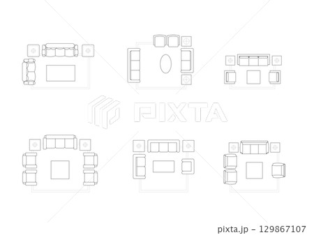 Detailed top view architectural drawing of sofa and living room furniture layout, perfect for floor plans, interior design projects, and architectural presentations 129867107